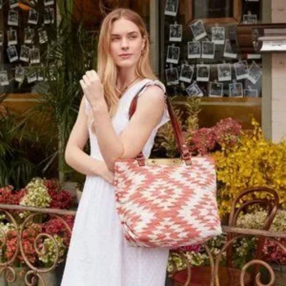 Patricia Nash Pink Coral Aztec-Patterned Tote with Brown Leather Straps